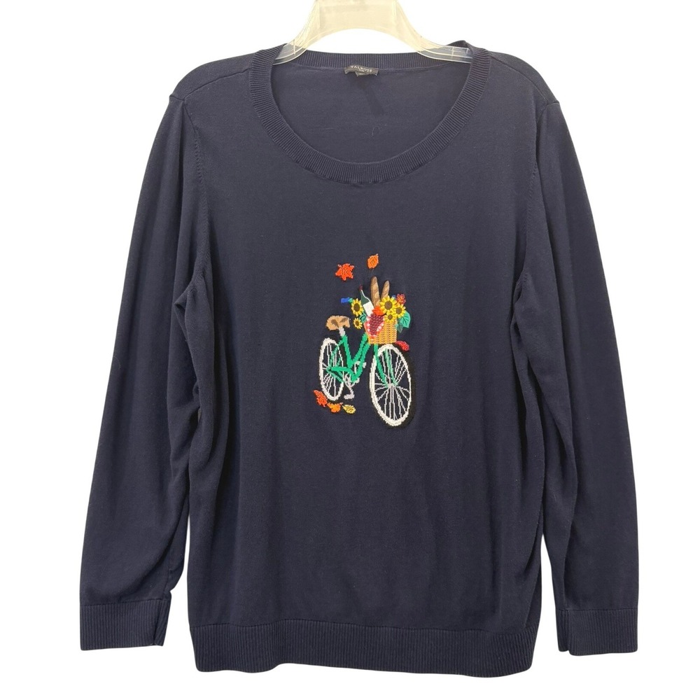 Talbots Plus Womens 2X Navy Blue Embroidered Bicycle Fall Leaves Sweater